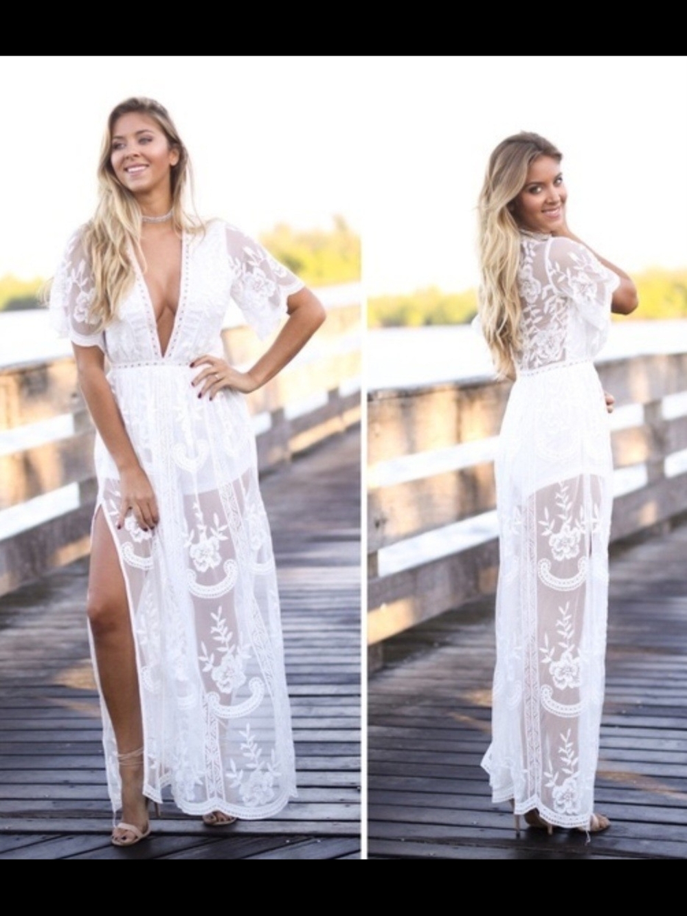 Honey Punch Ivory Sheer Floral Lace Romper Overlay Maxi Dress. Size M